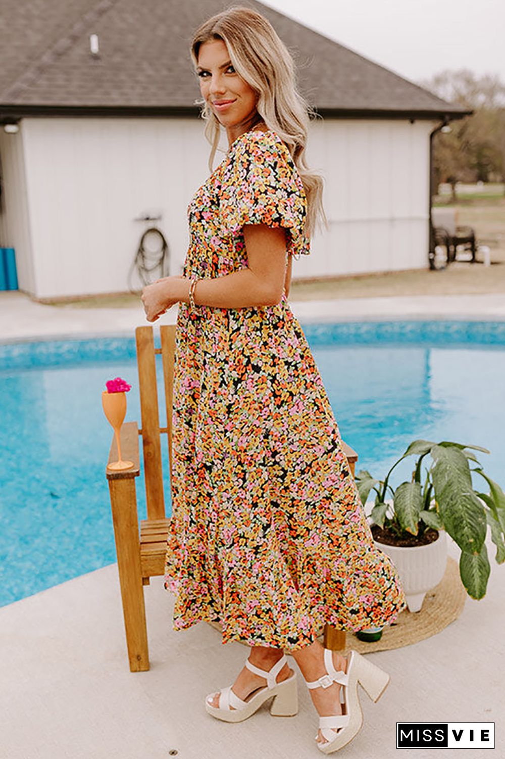 Yellow Puff Sleeve Square Neck Open Back Floral Midi Dress