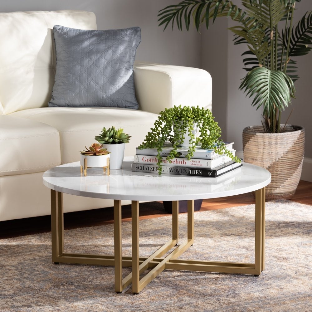 Maeve Modern and Contemporary Gold Finished Metal Coffee Table With Faux Marble Tabletop