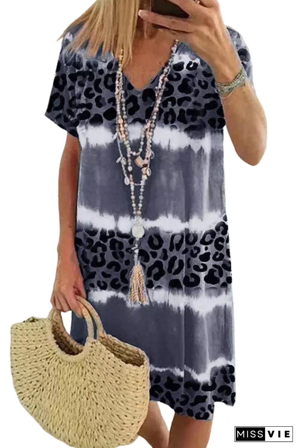 Gray Leopard Color Block V-Neck T-shirt Dress