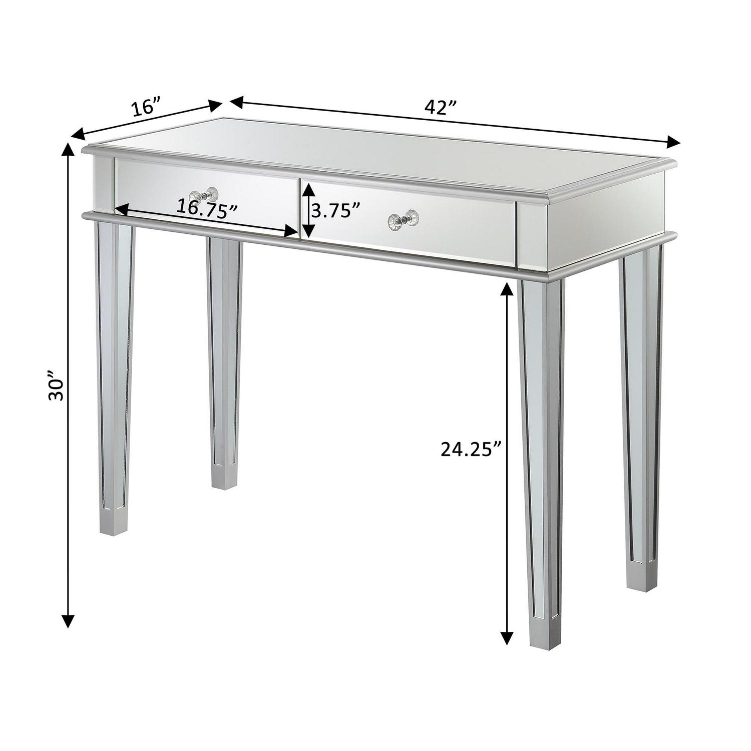 Convenience Concepts Gold Coast Deluxe 2 Drawer Mirrored Desk/Console Table， Mirror/Silver