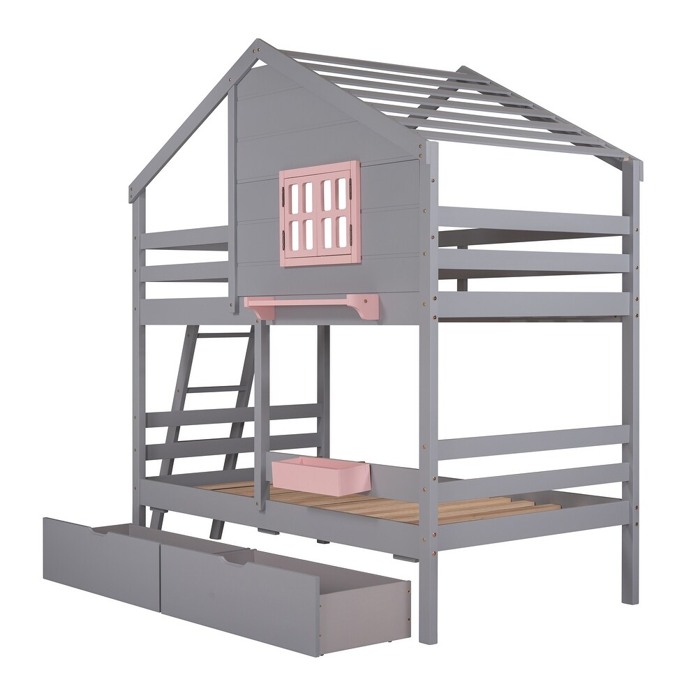 Contemporary Unique Design Twin over Twin Bunk Bed with 2 Drawers  1 Storage Box  1 Shelf and Quality Structure for Bedroom