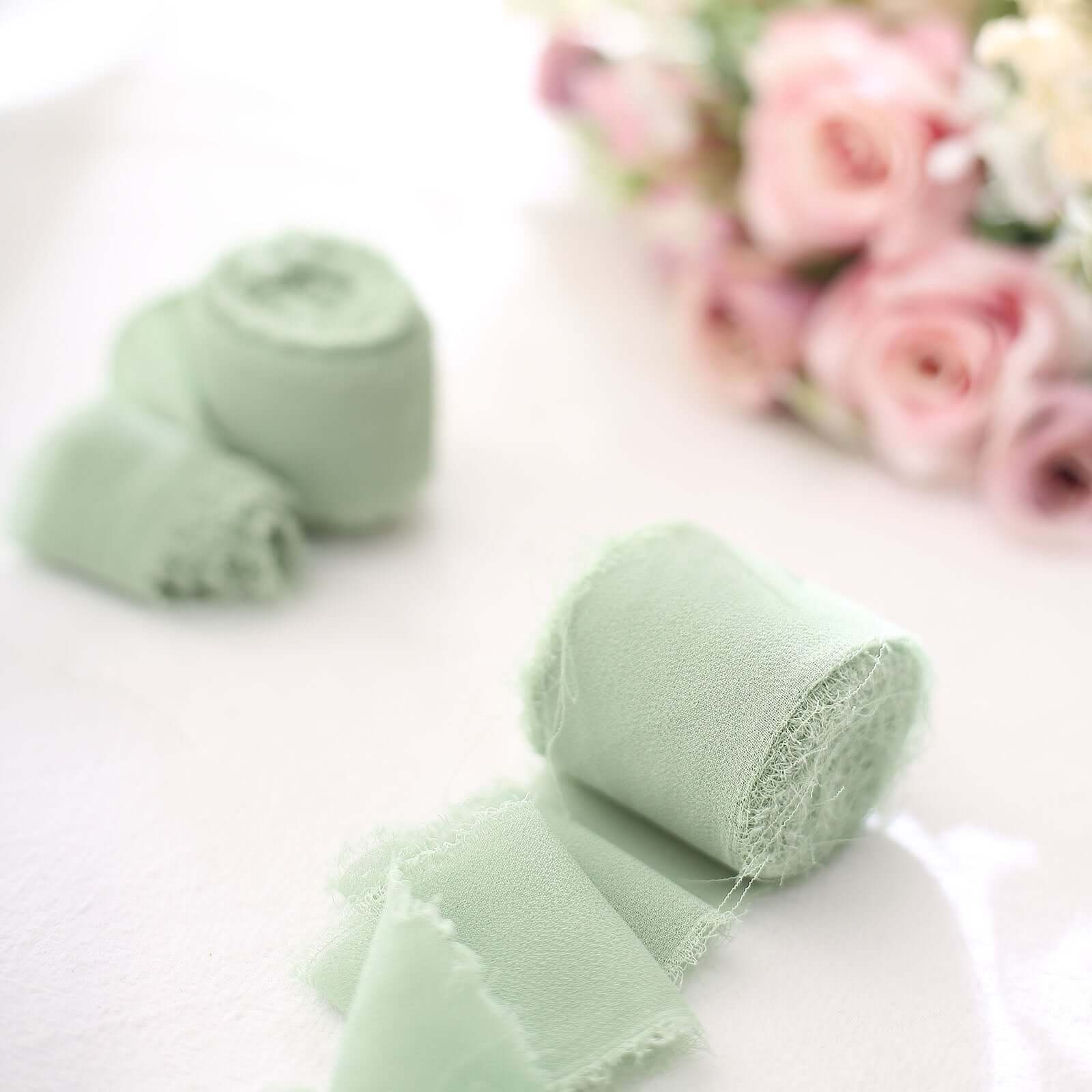 2 Pack Sage Green Silk-Like Chiffon Ribbon Roll, DIY Wedding Bouquet Linen Wrap 6yds