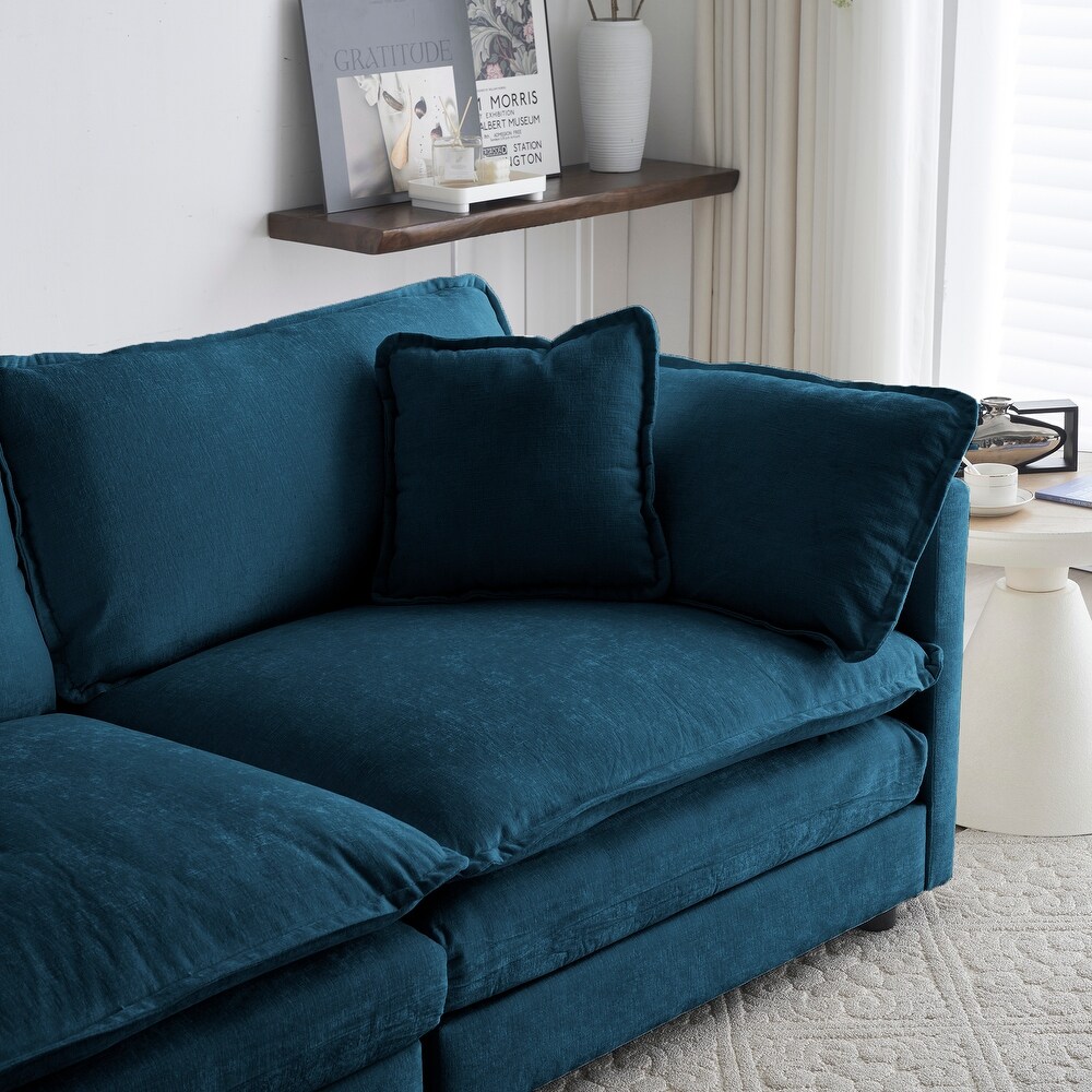 Chenille Recliner Loveseat Sofa 3 Seater Blue Sofa with 5 Toss Pillows