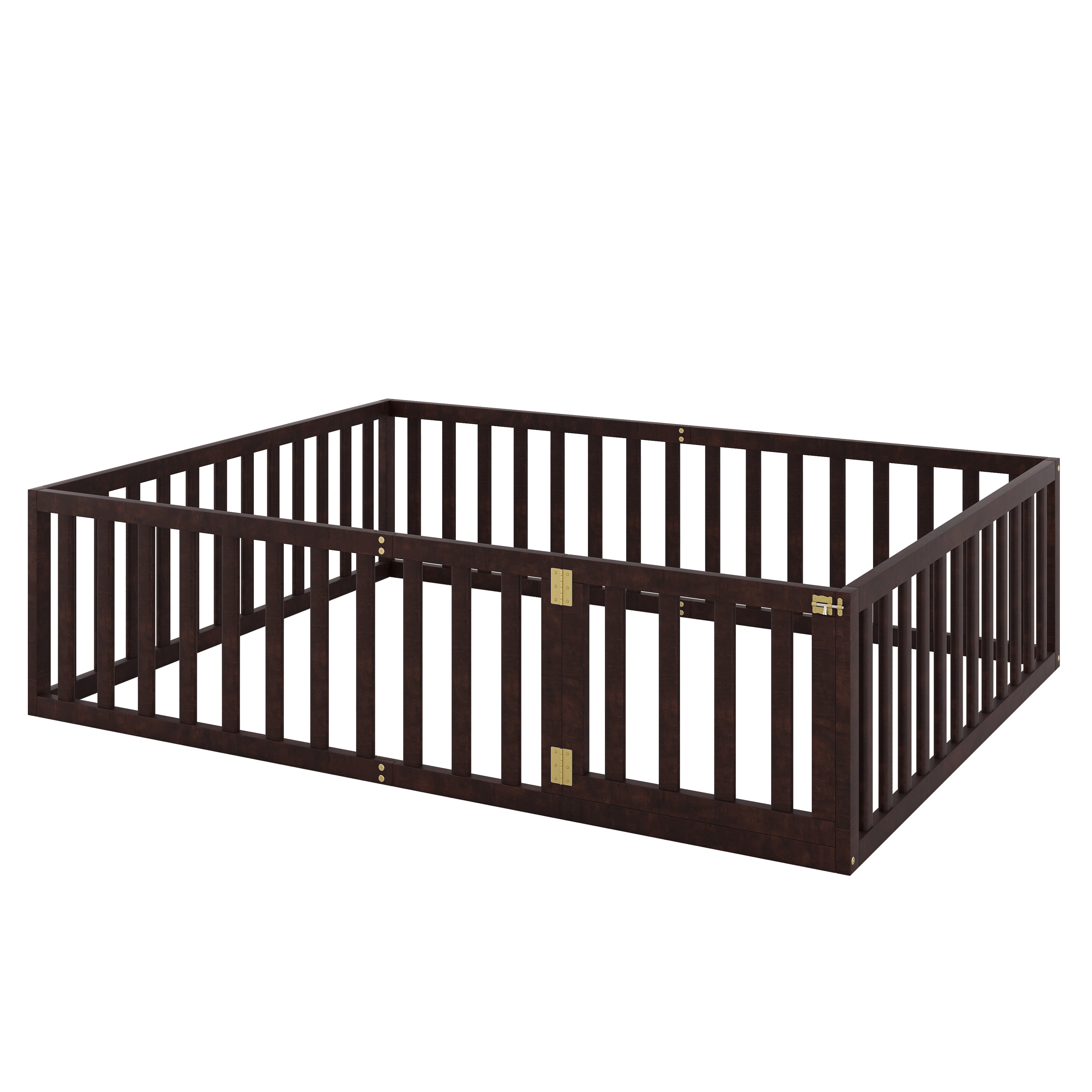 uhomepro Queen Floor Bed Frame for Toddlers, Floor Kids Bed with Fence and Door, Low Wood Beds for Girls Boys, Walnut