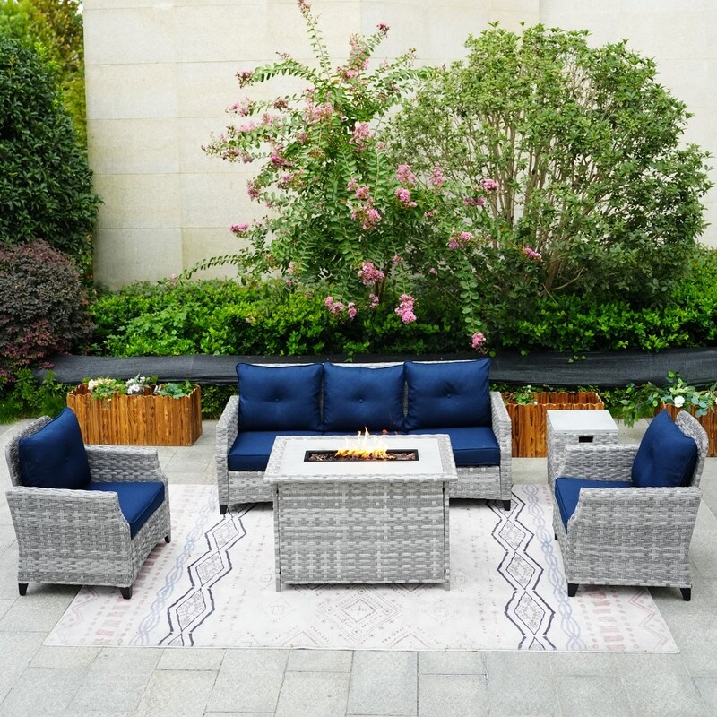 5 Piece Patio Wicker Sofa Set with Firepit Table and Rain cover