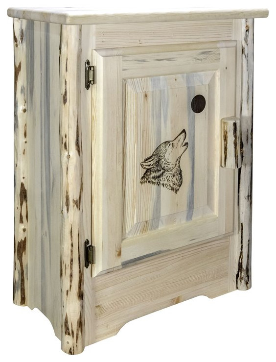 Montana Woodworks Wood Accent Cabinet with Engraved Wolf in Natural   Rustic   Accent Chests And Cabinets   by Homesquare  Houzz