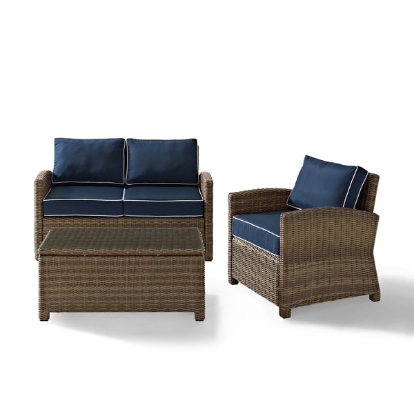 Crosley Bradenton Outdoor Wicker 3Piece Seating Set with Navy Cushions