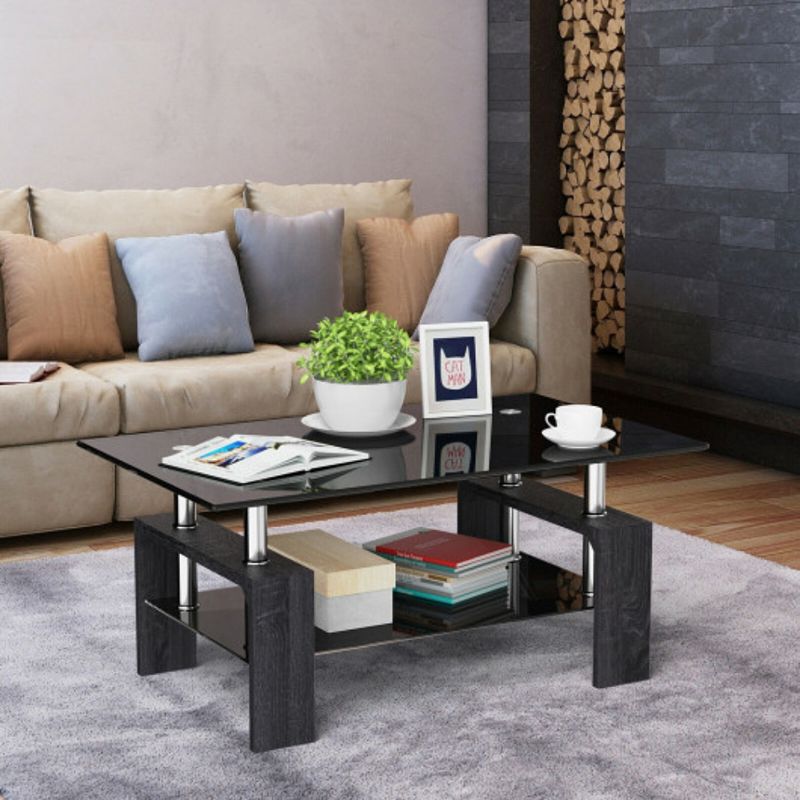 Rectangular Tempered Glass Coffee Table with Shelf