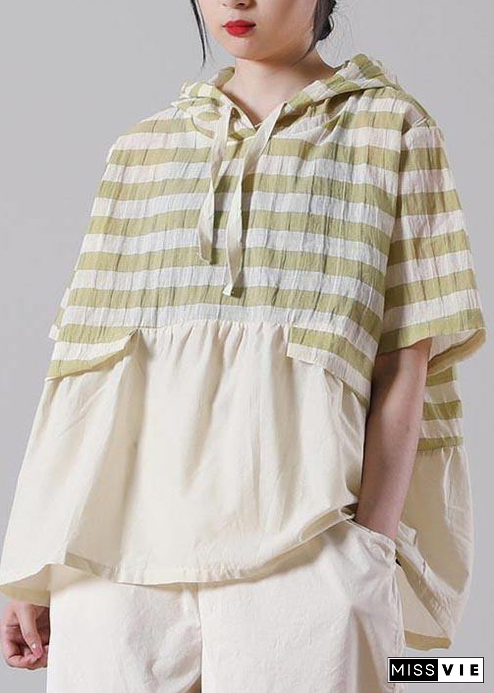 Chic Green Striped Oversize Cotton Linen Summer Shirt