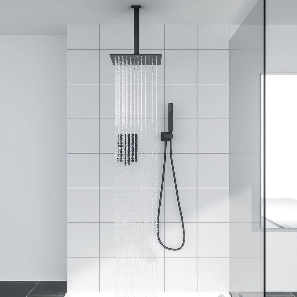 LORDEAR 2-Spray Patterns with 1.8 GPM 16 in. Ceiling Mount Rainfall Dual Shower Heads 360 Degree Swivel in Black H-SLF16016-B