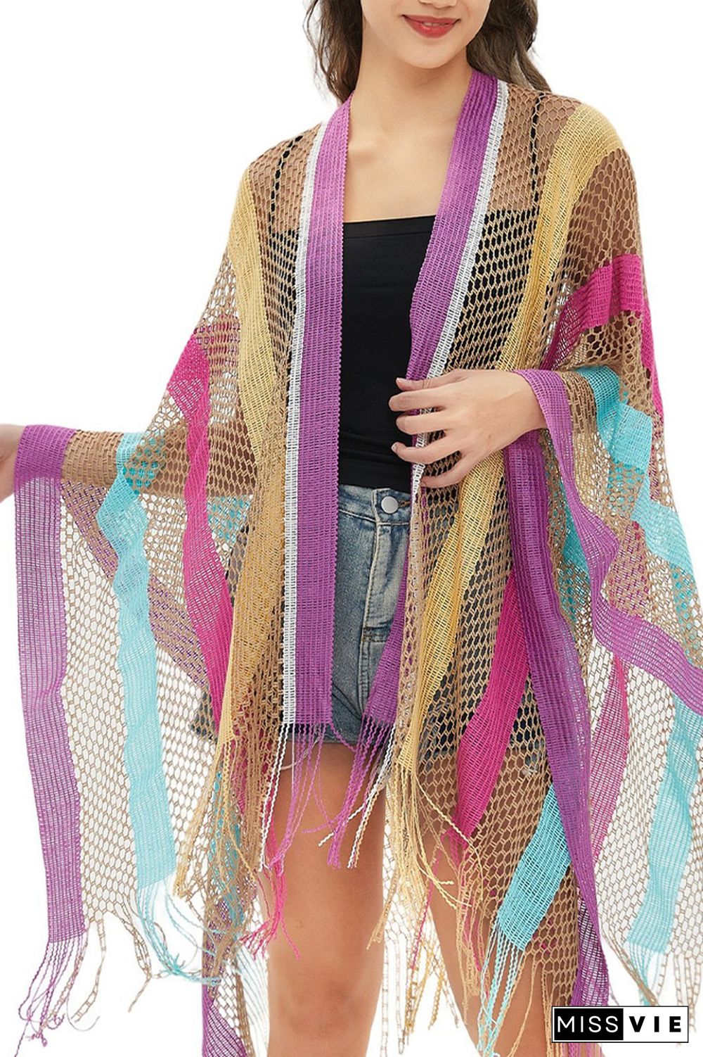 Colorful Stripes Tassle Eyelet Cover Up