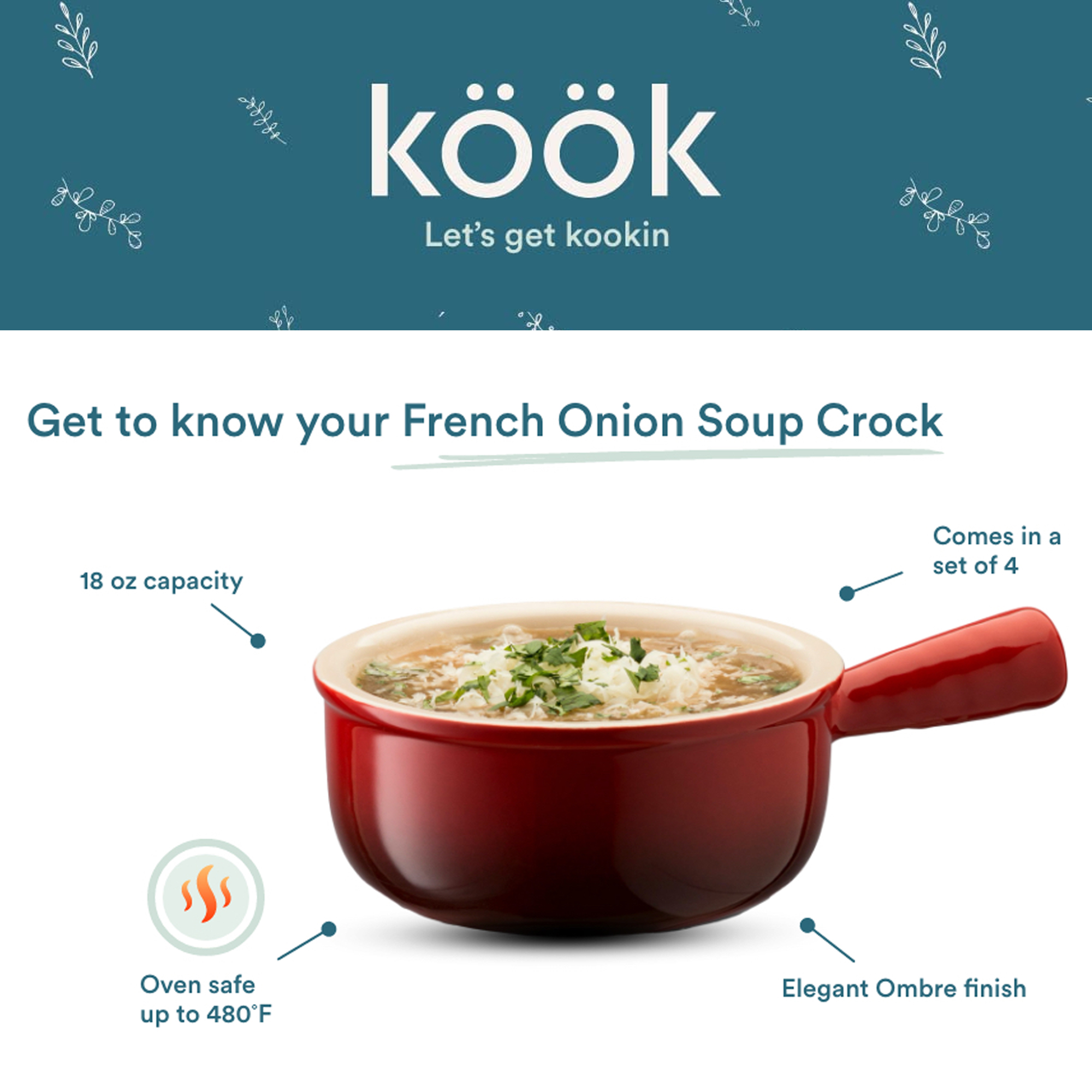 Kook French Onion Soup Crock Ceramic Bowls 4-Piece Stoneware Kitchen Set， Red Ombre