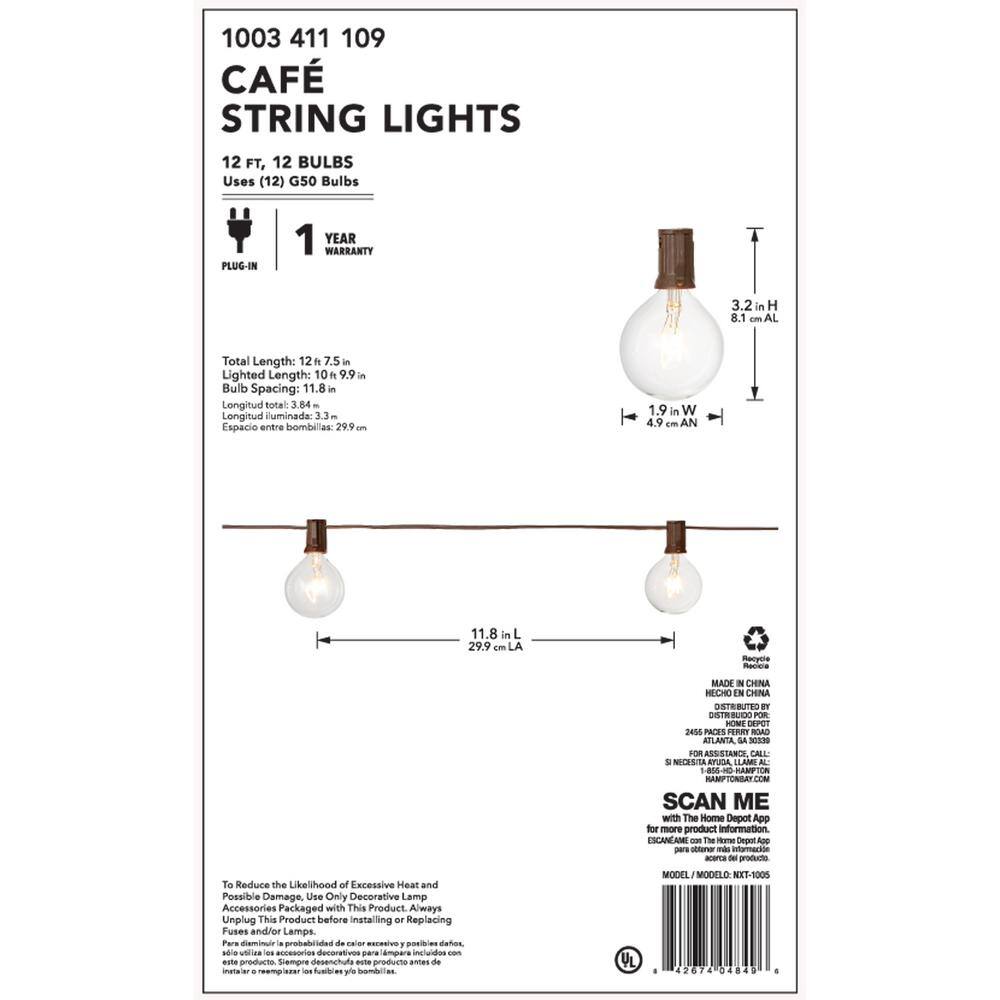 Hampton Bay OutdoorIndoor 12 ft. Plug-In G50 Incandescent Clear Bulbs Cafe String Light (2-Pack) NXT-1005(2pk)