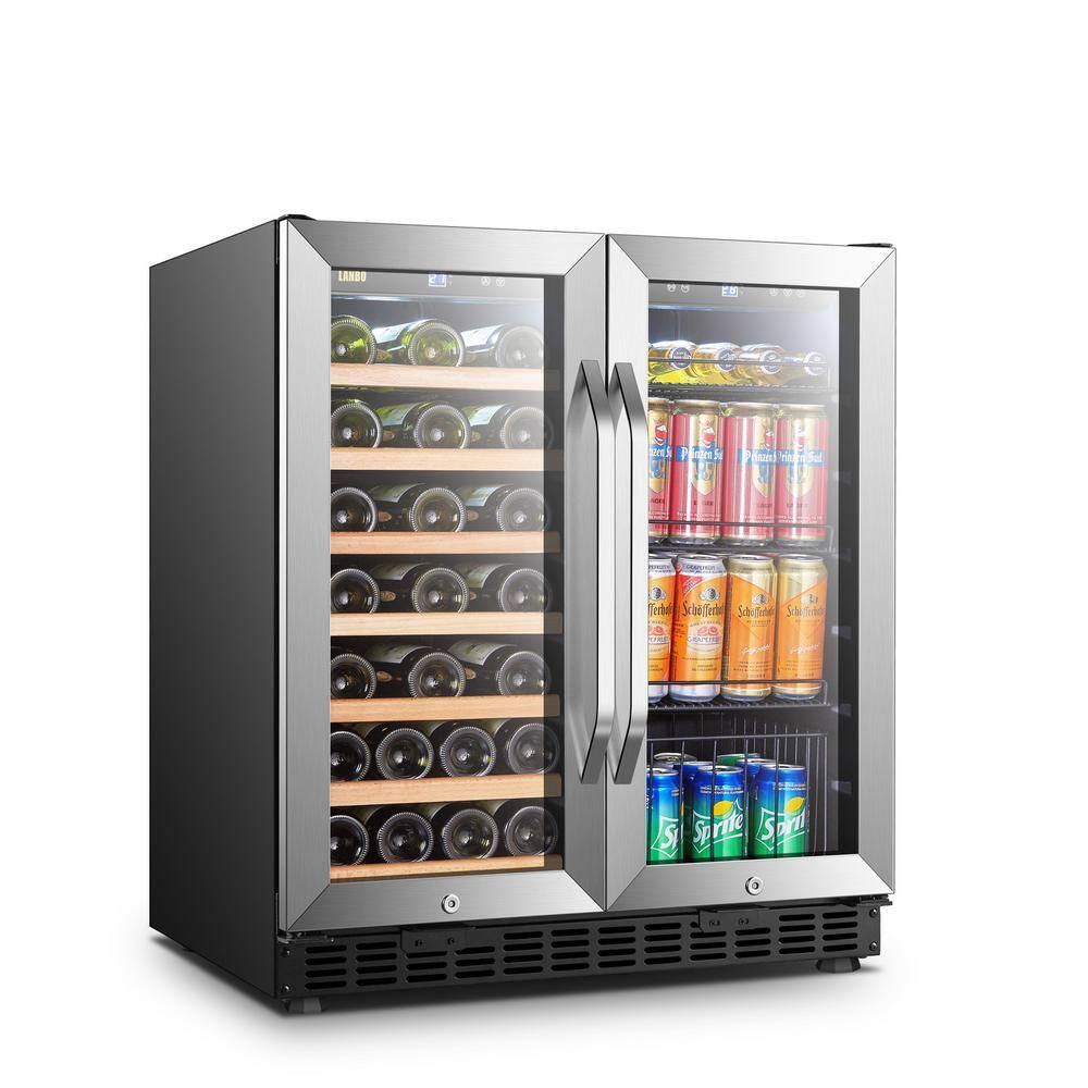 LANBO Wine Refrigerator 30 in. Dual Zone 33-Bottle 70-Can Beverage and Wine cooler in Stainless Steel LW3370B