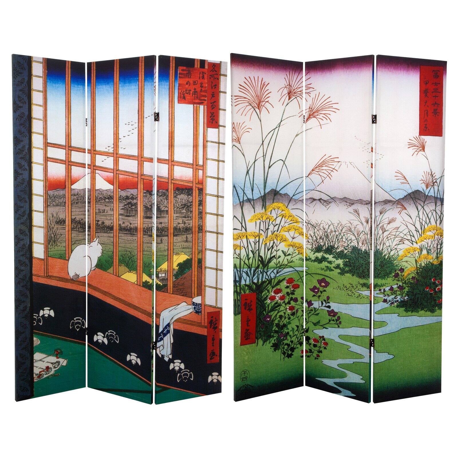 Oriental Furniture 6 ft. Tall Hiroshige Room Divider - Asakusa Field - 3 Panel