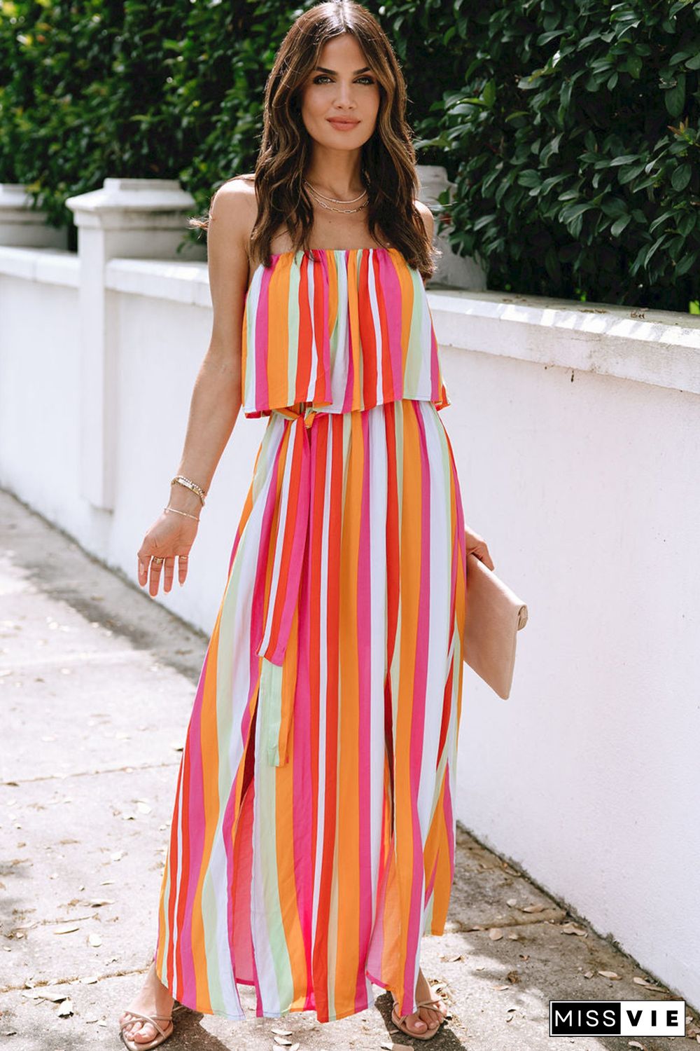 Stripe Overlay Strapless Maxi Dress with Slits