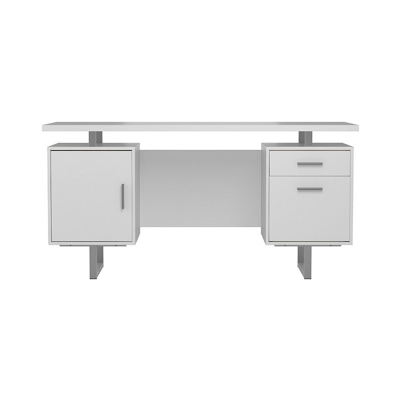 Wooden Office Desk with Floating Top and File Cabinet， White