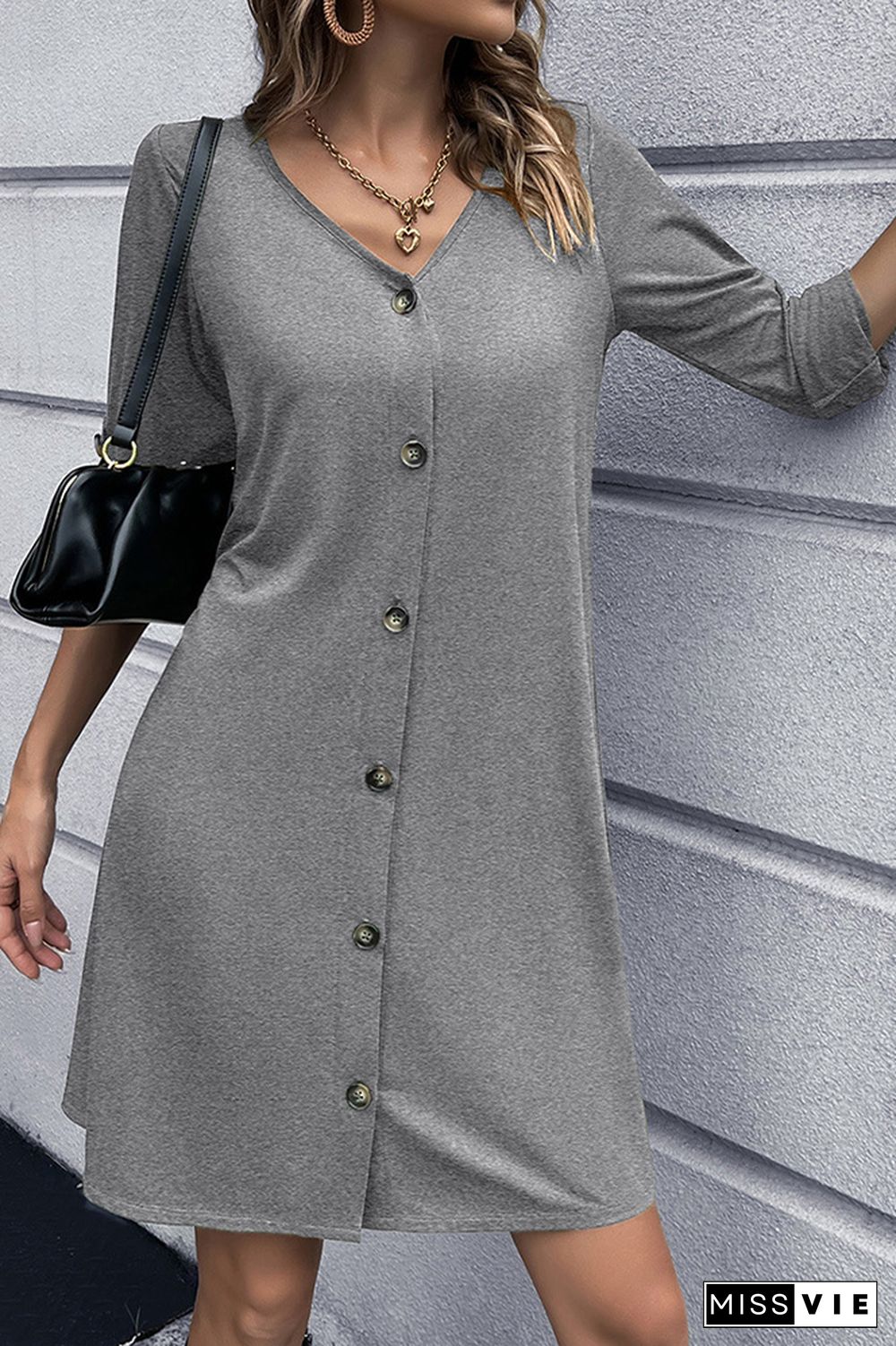 V Neck Front Open Button Long Sleeves Dress