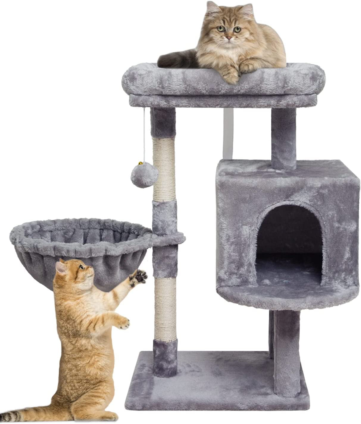 Small Cat Tree for Indoor Cats, Activity Cat Tower, Condo with Scratching Post for Kittens, Climbing Stand with Basket & Hanging Ball for Play Rest (Grey)