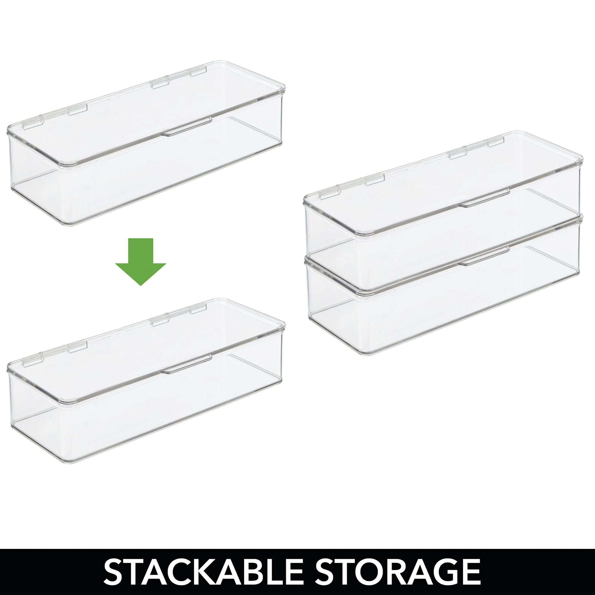 mDesign Plastic Stackable Home, Office Supplies Storage Organizer Box with Hinged Lid - for Note Pads, Gel Pens, Staples, Dry Erase Markers, Tape - 13 Inches Long, Pack of 4, 32 Labels - Clear