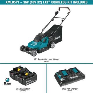 Makita 18-Volt X2 (36V) LXT Lithium-Ion Cordless 17 in. Walk Behind Residential Lawn Mower Kit (5.0Ah) XML05PT