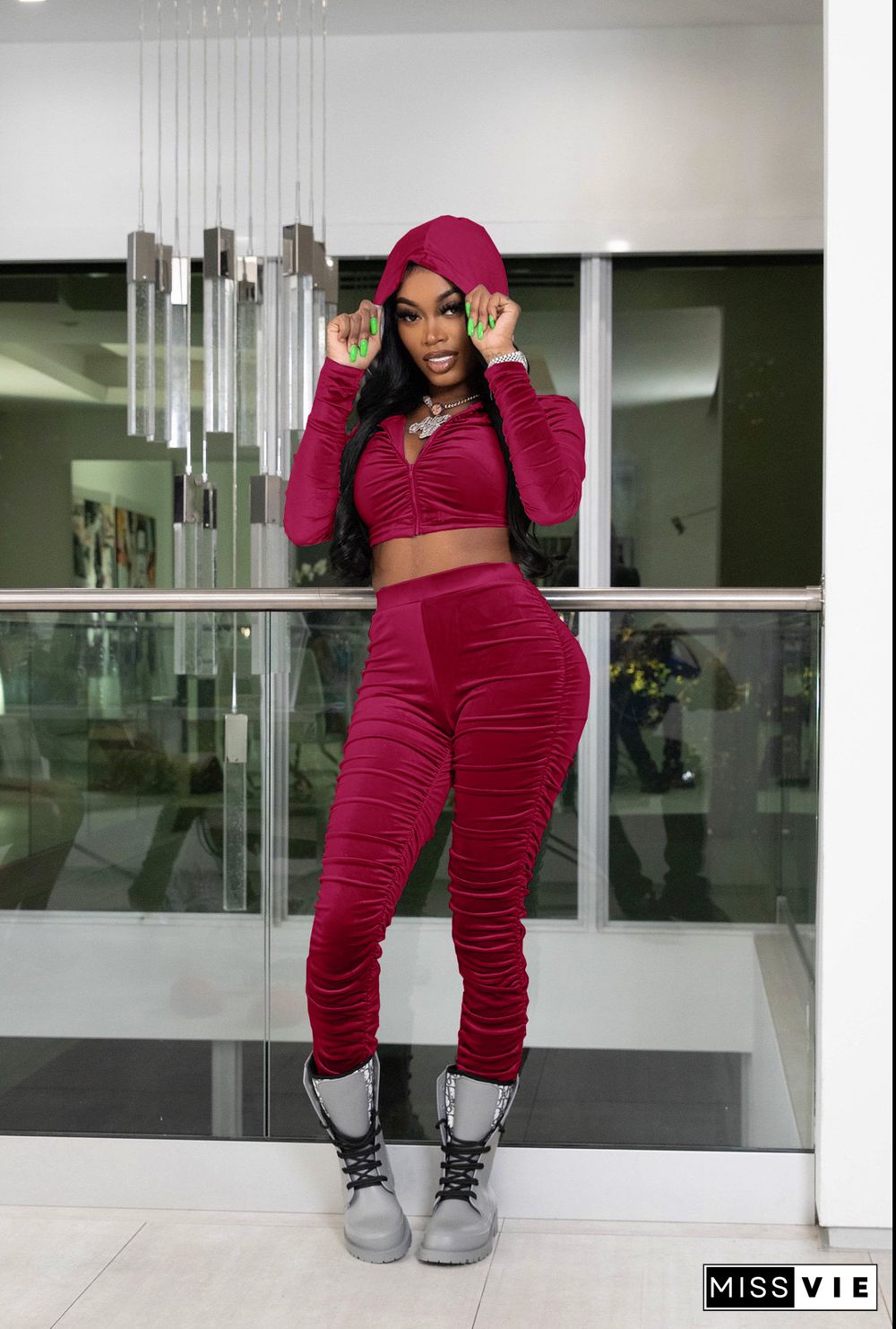 Velvet Zipper Hooded Jacket Crop Top Pants Set