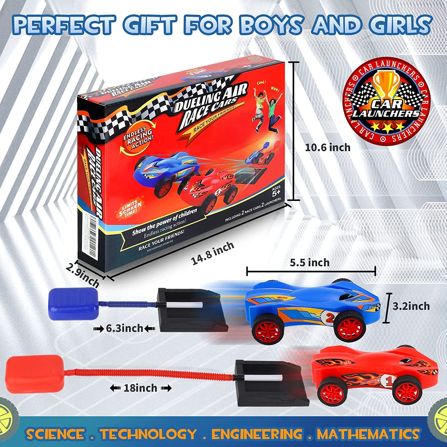 Stomp Dueling Racers，Outdoor Toy，Birthday Gift for Kids，Toys for Boys 8 to 11 Years，Air Powered Outdoor Toy Cars for Boys and Girls，2 Toy Car Launchers and 2 Air Powered Cars with Ramp and Finish Line