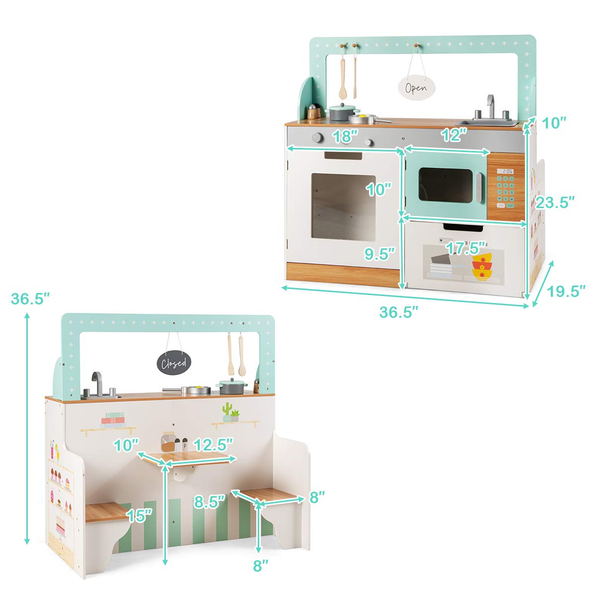 Costzon 2 in 1 Kids Play Kitchen and Restaurant, Double Sided Wooden Pretend Cooking Playset with Sink