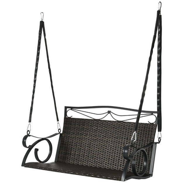 Outsunny Pe Wicker Porch Swing 2 seater Hanging Swing Bench With Chains 528 Lbs Weight Capacity Flourishes Brown