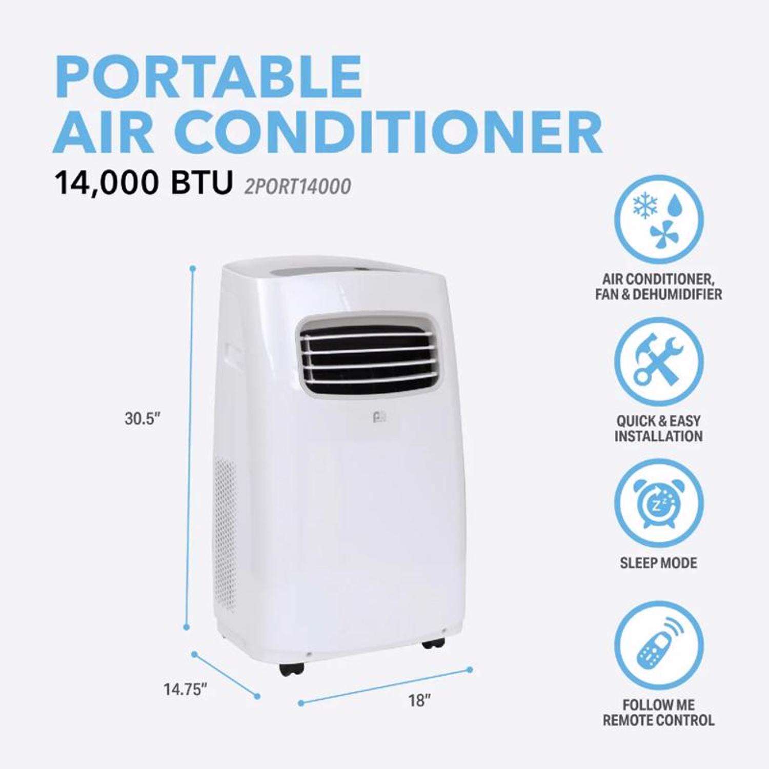 Perfect Aire 290 sq ft 3 speed 14，000 BTU Portable Air Conditioner with Remote