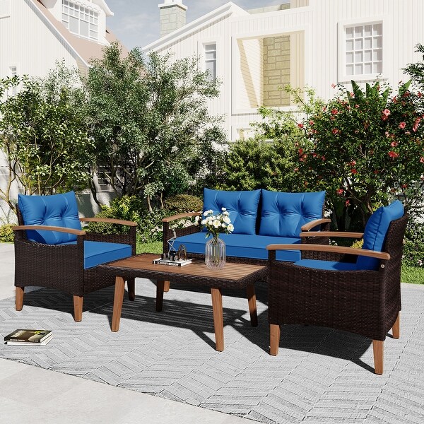 4-Piece Garden Furniture， Patio Conversation Sets， PE Rattan Outdoor Sofa Seating Set with Wood Table and Adjustable Legs Design - Overstock - 37503676