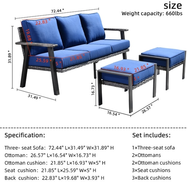 OVIOS Outdoor 3piece Wicker Sectional Sofa Set With Ottoman Steel Frame