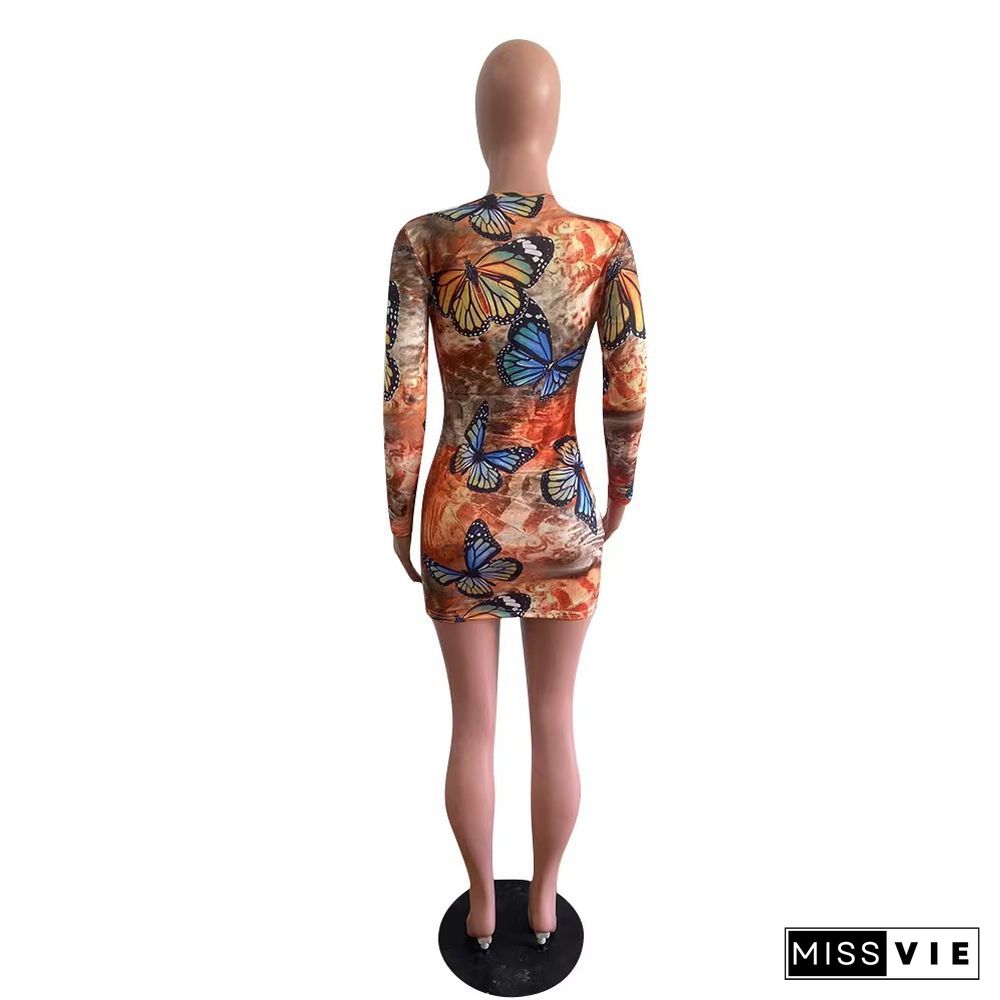 Fashion Butterfly Print Sexy Tight-fitting Long-sleeved Dress