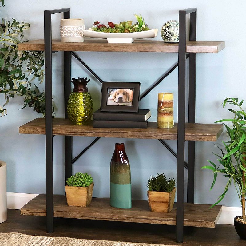 Sunnydaze Industrial Style 3-Tier Bookshelf - Wood Veneer Shelves - Smoky Gray