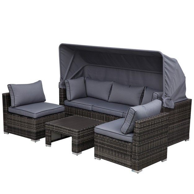 Outsunny Outdoor Daybed With Canopy 4 Piece Sectional Patio Furniture Set Cushions Table Ottoman Pe Wicker Sofa Set amp Convertible Sunbed Gray