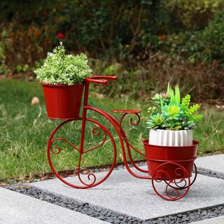 Glitzhome 21.5 in. L Red Metal Bicycle Plant Stand (KD) 2007200026