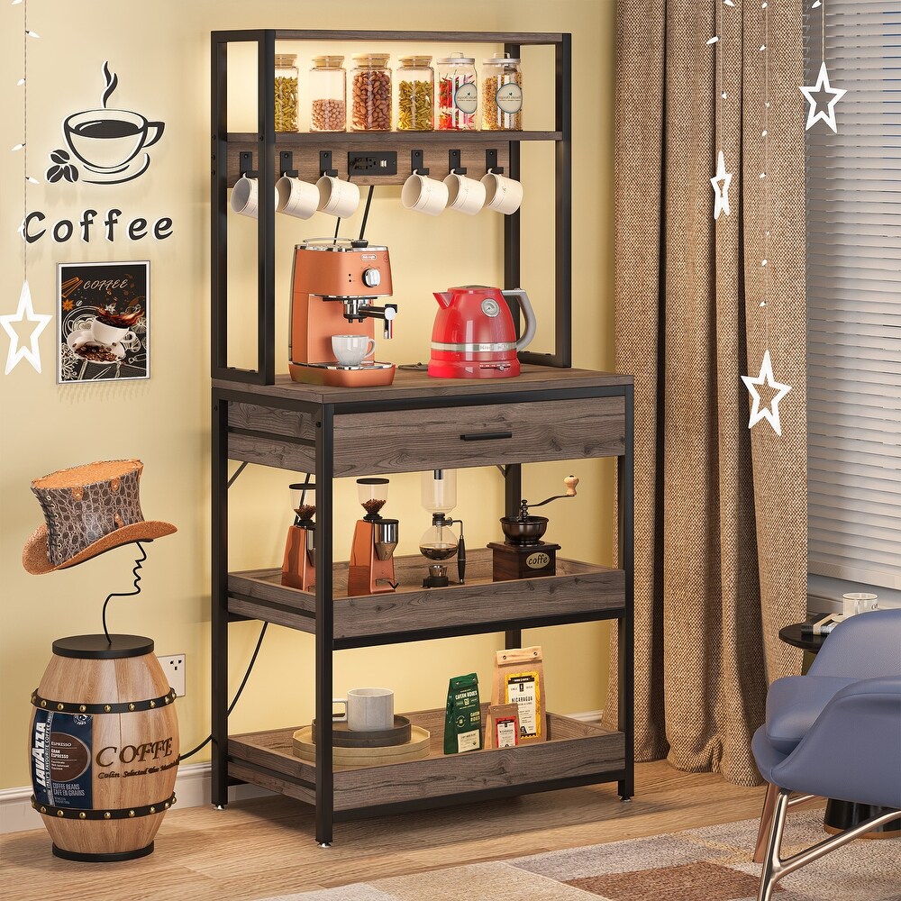 5 Tier Bakers Rack with Power Outlets for Kitchen with Storage Shelves and Drawers  Coffer Bar Station