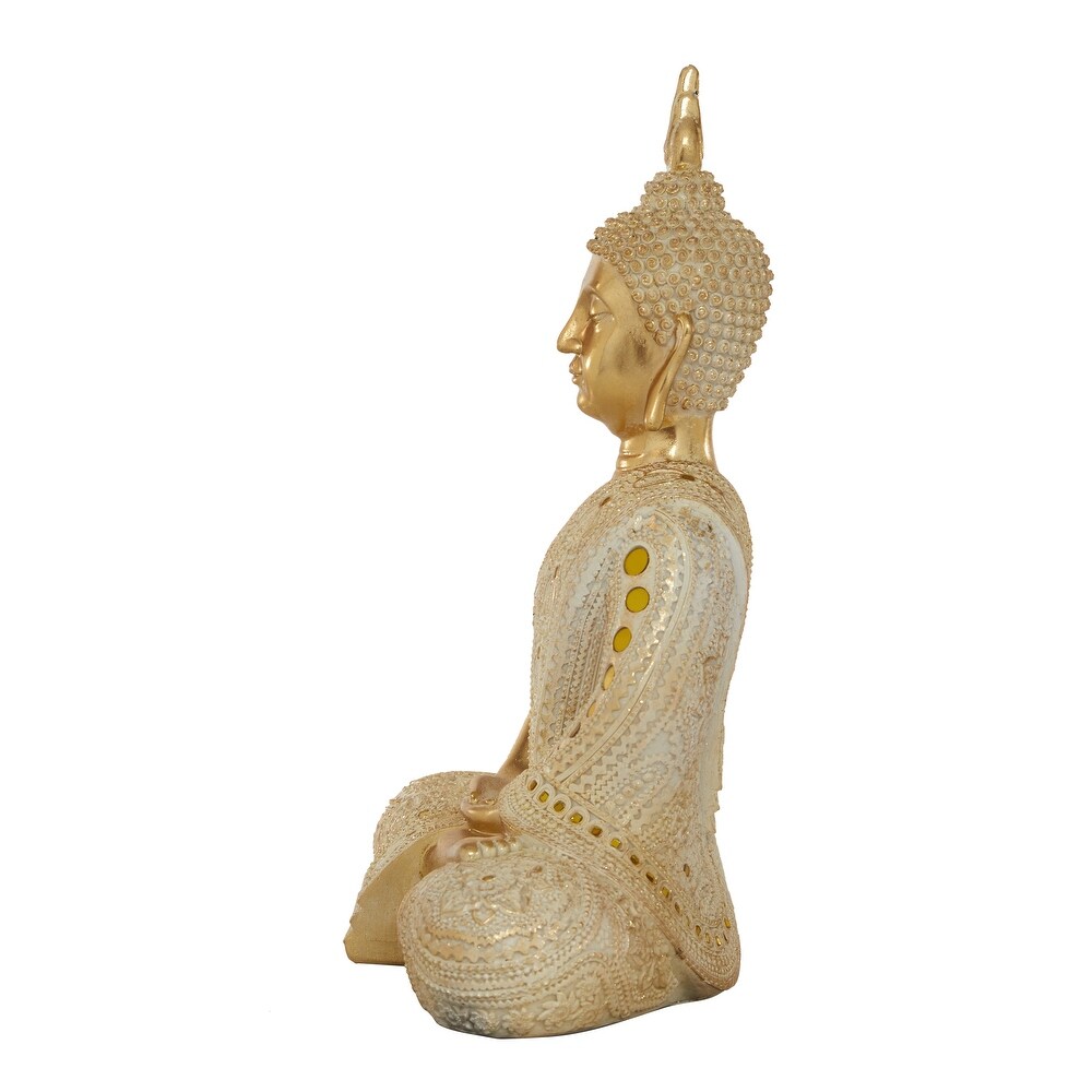 Gold Polystone Meditating Carved Buddha Sculpture with Intricate Carvings and Mirrored Embellishments   14 x 9 x 20