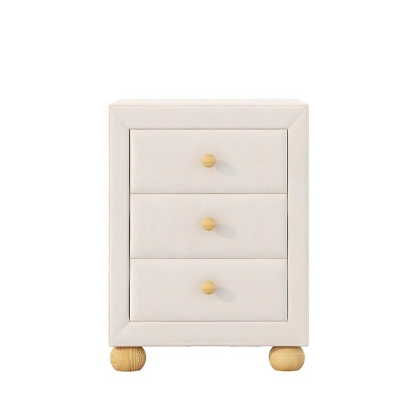 Upholstered Storage Nightstand with 3 Drawers and Natural Wood Knobs - - 36389189