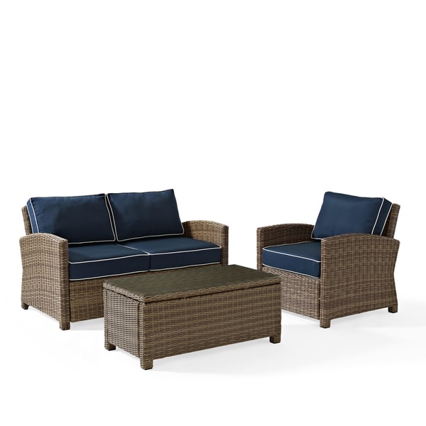 Crosley Bradenton Outdoor Wicker 3Piece Seating Set with Navy Cushions