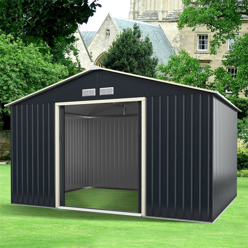 11 x 8 FT Large Outdoor Metal Storage Shed with 4 Air Vents & Sliding Double Lockable Doors, Backyard Tool Shed Garden Storage House