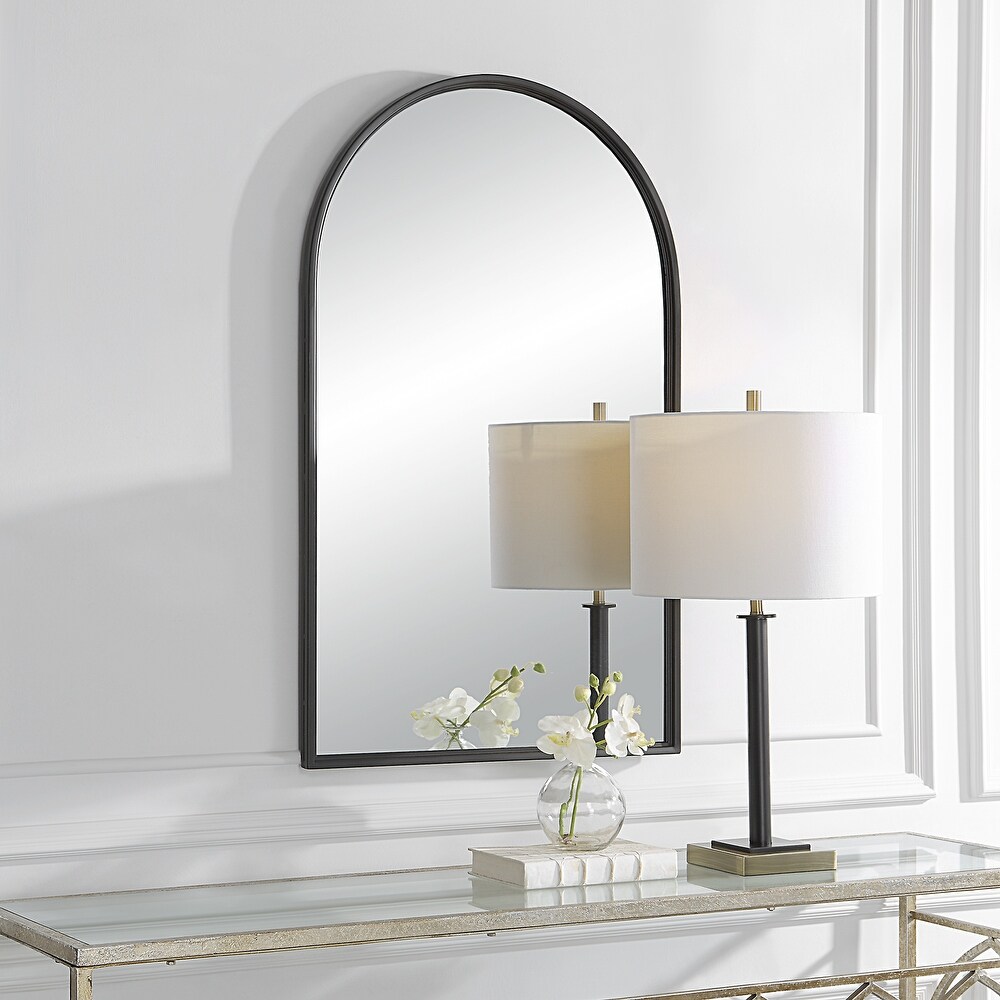 Matte Black Metal Arch Top Wall Mirror   39 x 24 x 1.38