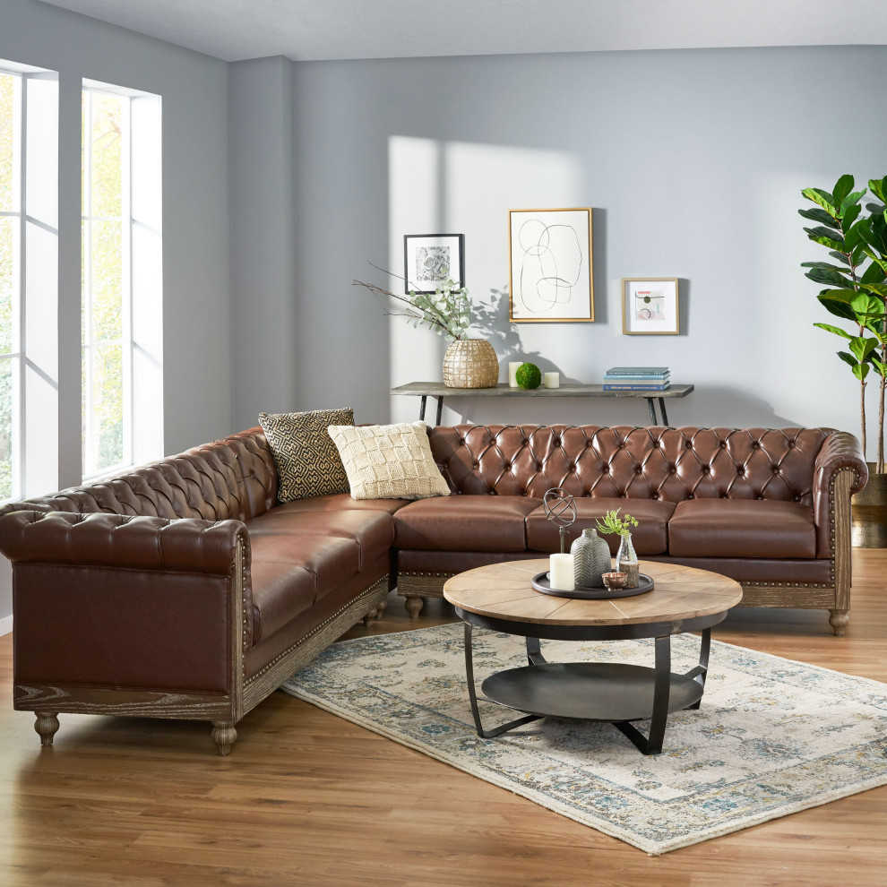 Kinzie Chesterfield Tufted 7 Seater Sectional Sofa with Nailhead Trim   Traditional   Sectional Sofas   by GDFStudio  Houzz