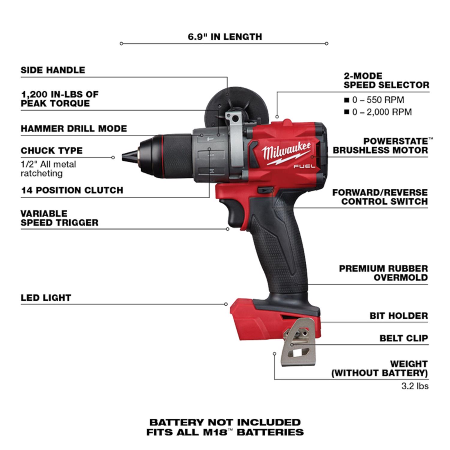 MW M18 FUEL 18 V 1/2 in. Brushless Cordless Hammer Drill Tool Only