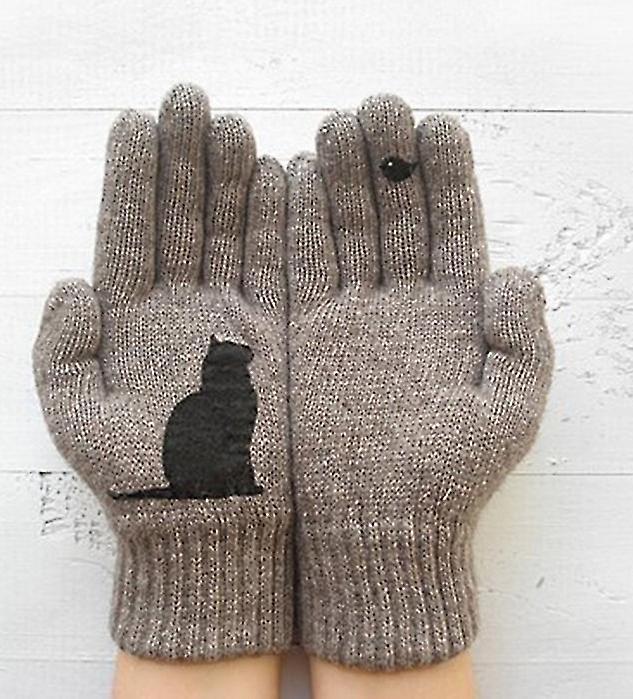 Women's Gloves Winter Warm Cold Cashmere Gloves Thick Cartoon Cat Print Wool Knitted Full Finger Gloves2setgrey+pink