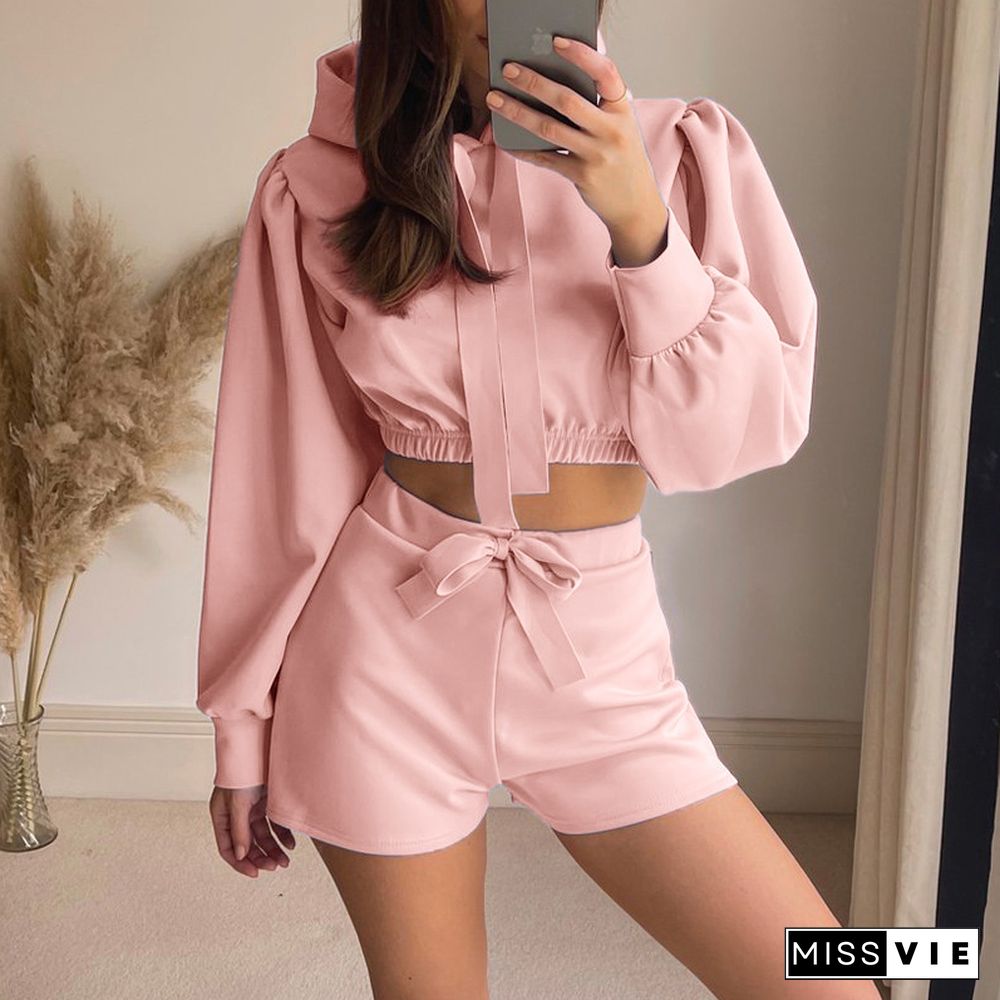 Women Autumn Tracksuits Hooded Ribbon Long Sleeve Crop Sweatshirts + Shorts Suits Casual Sweet Ladies Solid Color Two Piece Set