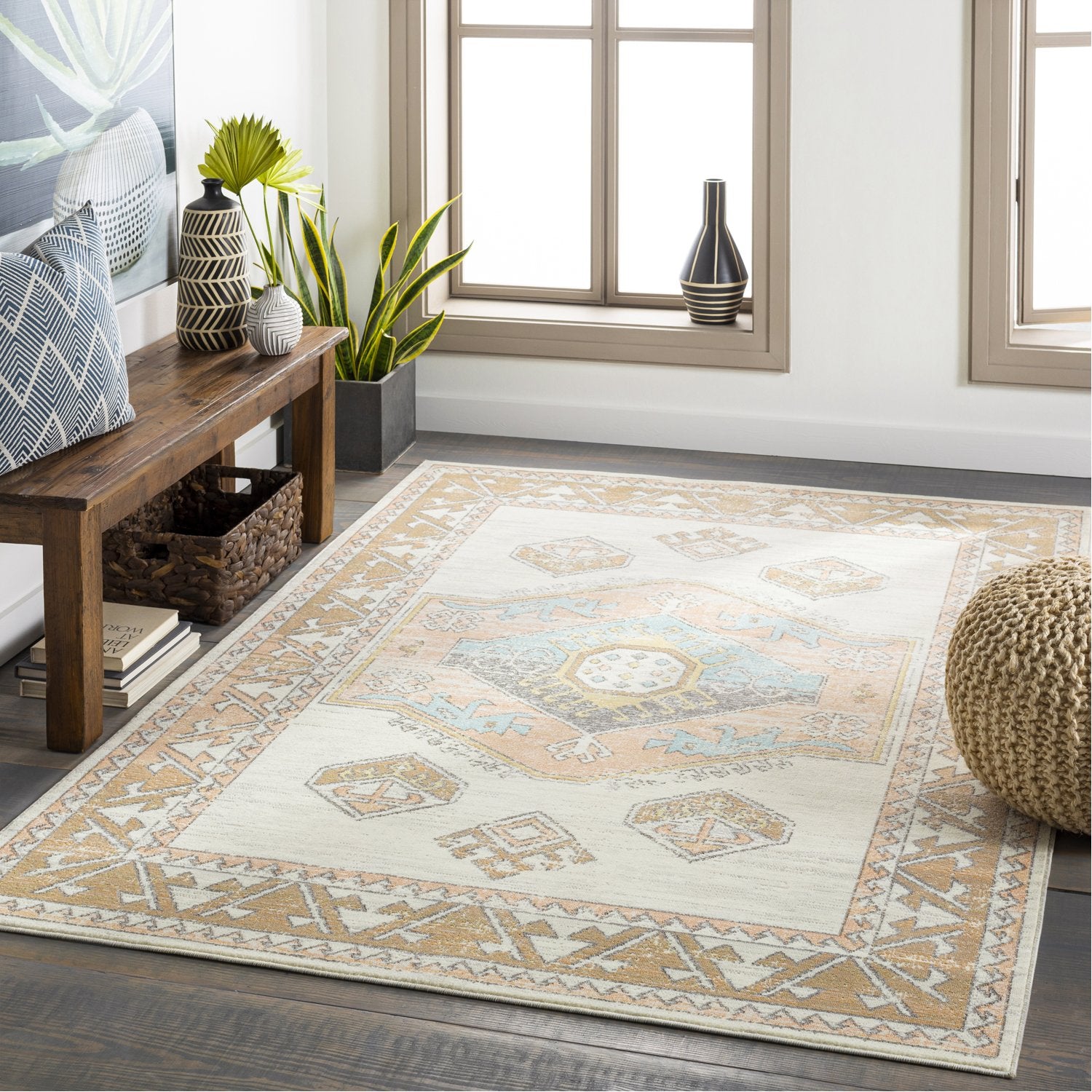 Bodrum Indoor/Outdoor Rug in Ivory, Saffron, Silver Gray, Medium Gray, Aqua, Camel, Coral