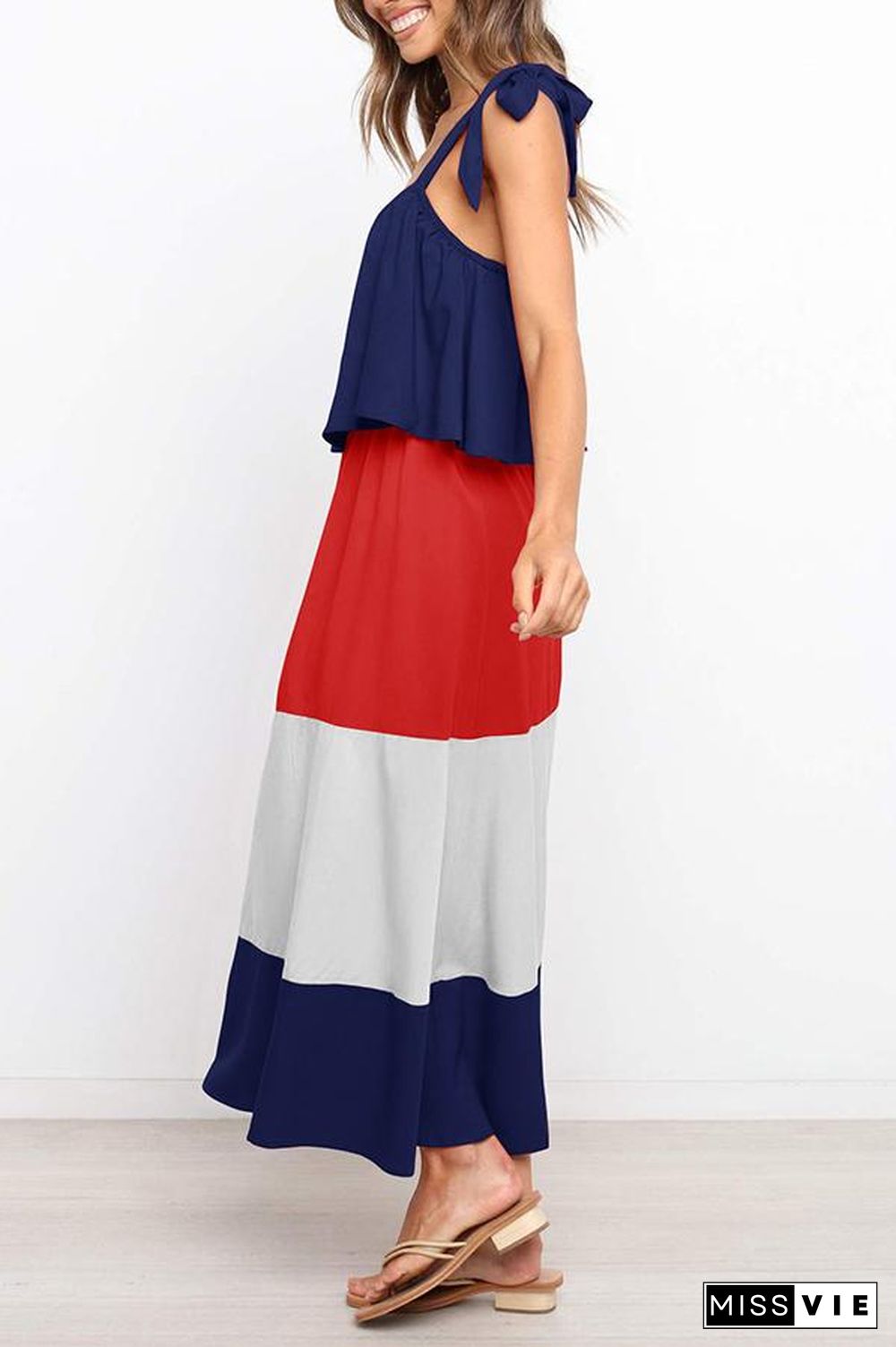 Lace-up Ruffled Colorblock Maxi Dress P13032