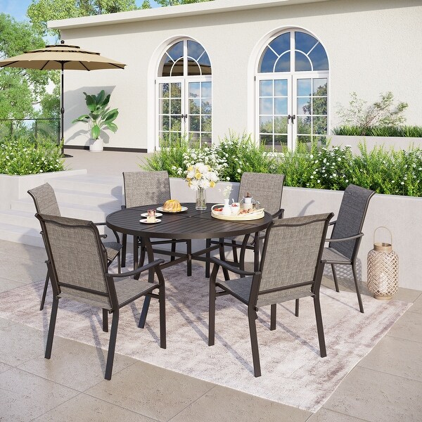 MAISON ARTS 5/7Piece Patio Dining Set，Round Metal Table and 4/6 Textilene Fabric Padded Armchairs