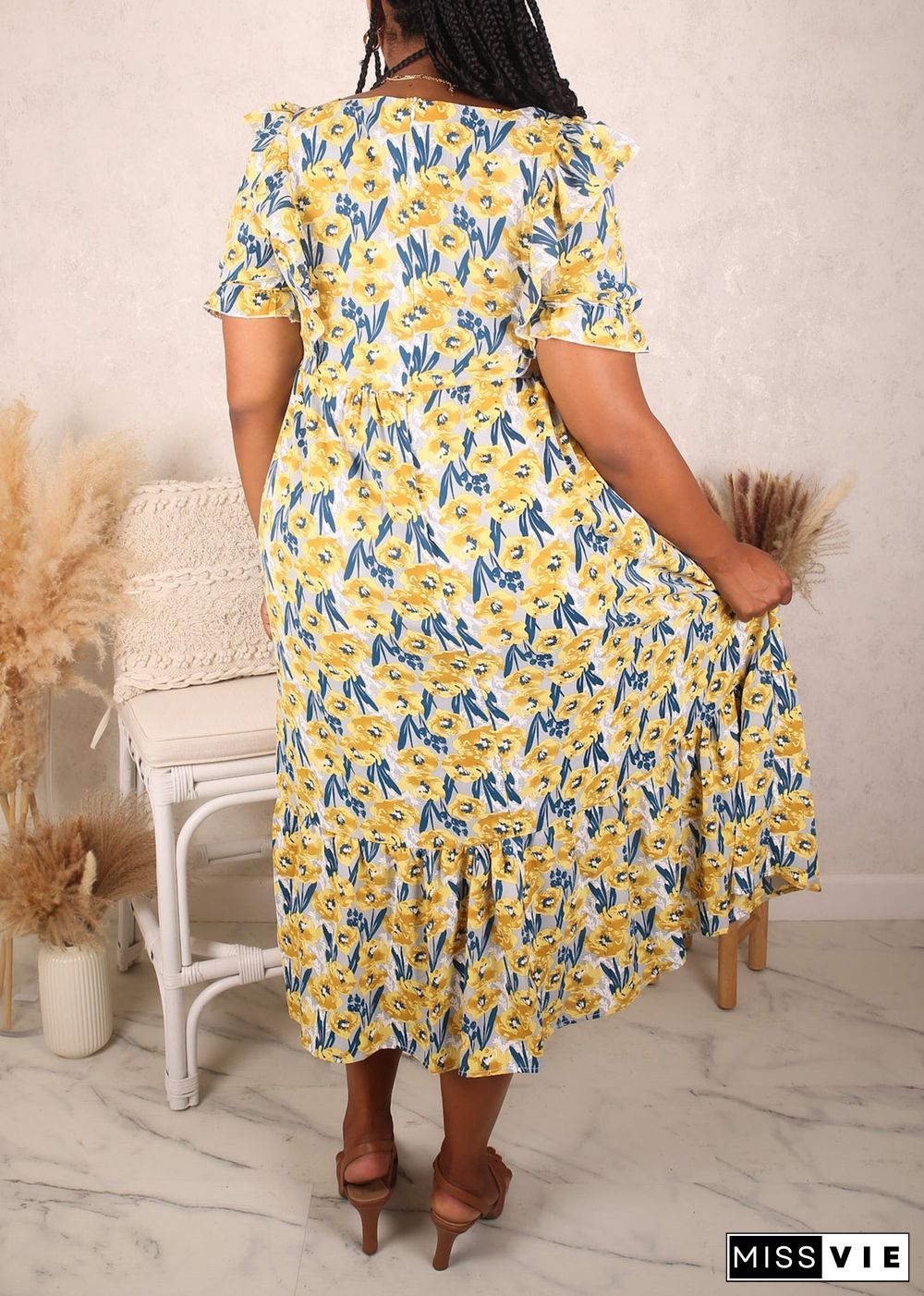 Plus Size Ruffle Front Dress, Yellow